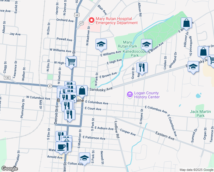 map of restaurants, bars, coffee shops, grocery stores, and more near 328 East Brown Avenue in Bellefontaine