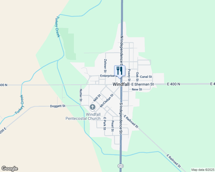 map of restaurants, bars, coffee shops, grocery stores, and more near 109 Zehner Street in Windfall