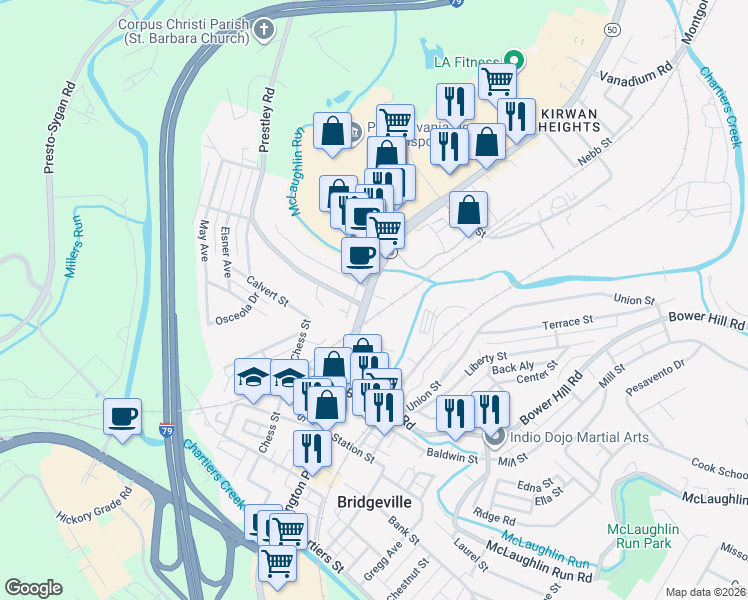 map of restaurants, bars, coffee shops, grocery stores, and more near 207 Washington Avenue in Bridgeville
