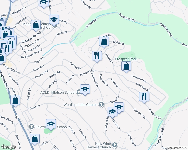 map of restaurants, bars, coffee shops, grocery stores, and more near 1357 Prospect Road in Pittsburgh