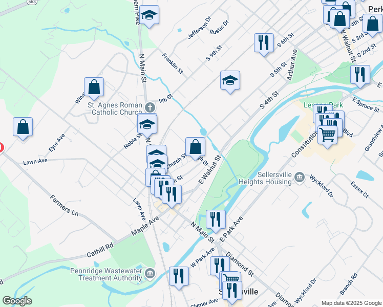 map of restaurants, bars, coffee shops, grocery stores, and more near 262 High Street in Sellersville