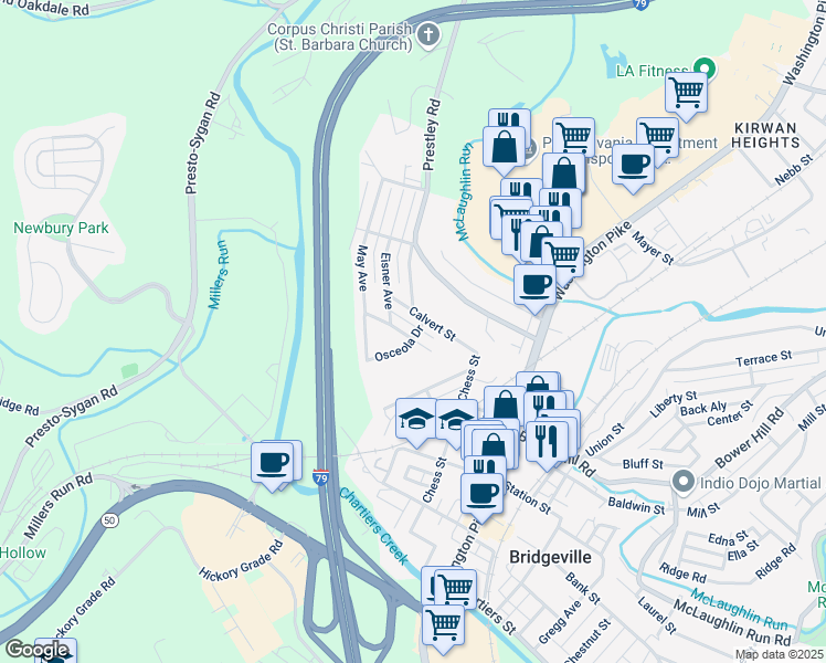 map of restaurants, bars, coffee shops, grocery stores, and more near 235 Calvert Street in Bridgeville