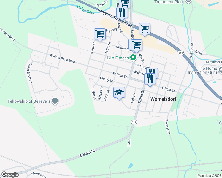 map of restaurants, bars, coffee shops, grocery stores, and more near 20 South 4th Street in Womelsdorf