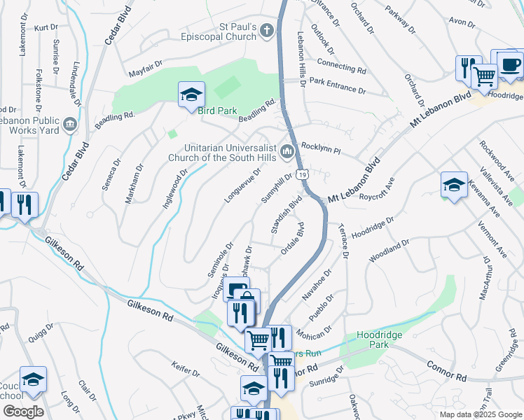 map of restaurants, bars, coffee shops, grocery stores, and more near 52 Sunnyhill Drive in Pittsburgh