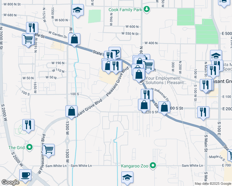 map of restaurants, bars, coffee shops, grocery stores, and more near 165 South Pleasant Grove Boulevard in Pleasant Grove