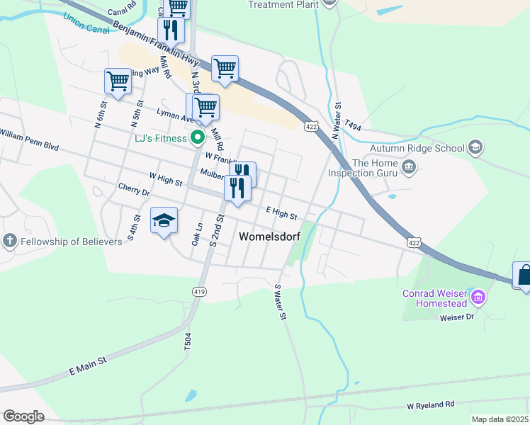 map of restaurants, bars, coffee shops, grocery stores, and more near 8 East High Street in Womelsdorf