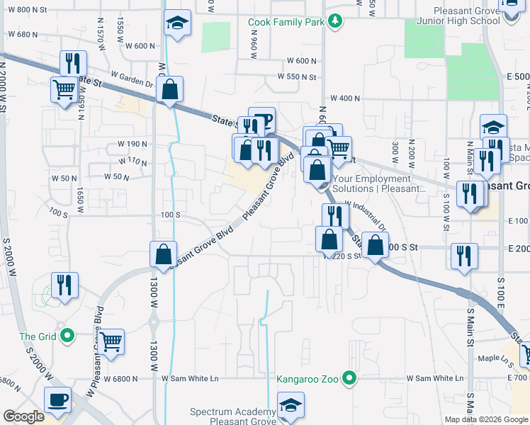 map of restaurants, bars, coffee shops, grocery stores, and more near 165 South Pleasant Grove Boulevard in Pleasant Grove
