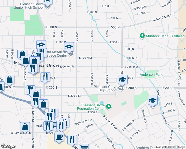 map of restaurants, bars, coffee shops, grocery stores, and more near 35 South 500 East in Pleasant Grove