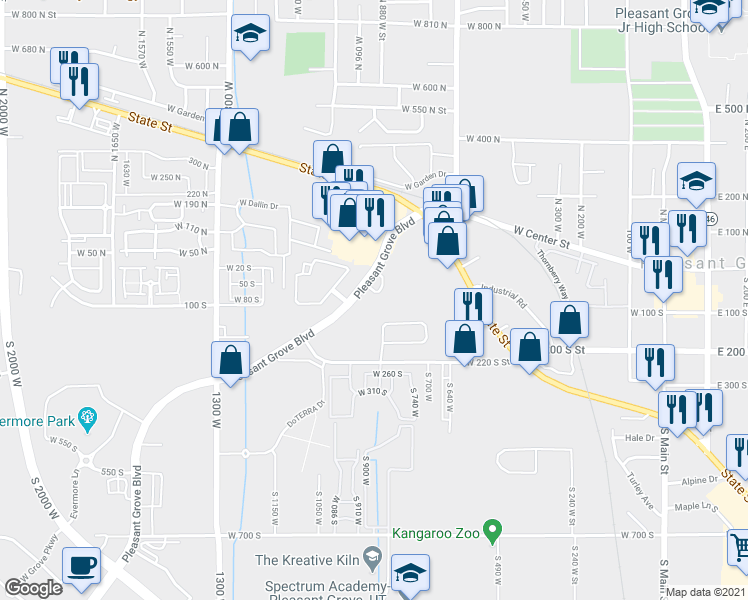 map of restaurants, bars, coffee shops, grocery stores, and more near 159 South Pleasant Grove Boulevard in Pleasant Grove