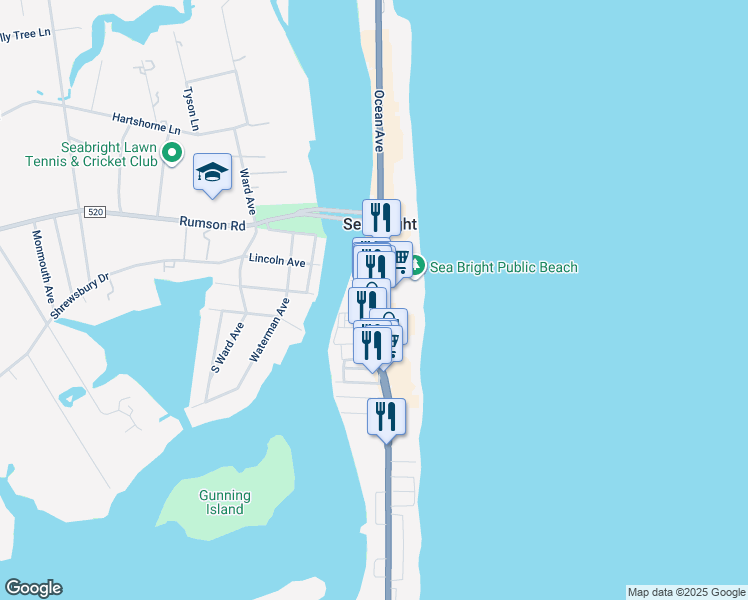 map of restaurants, bars, coffee shops, grocery stores, and more near 1052 Ocean Avenue in Sea Bright