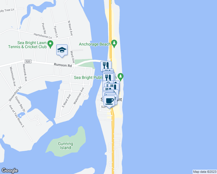 map of restaurants, bars, coffee shops, grocery stores, and more near 1052 Ocean Avenue in Sea Bright