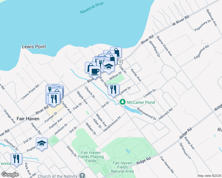 map of restaurants, bars, coffee shops, grocery stores, and more near 161 Fair Haven Road in Fair Haven