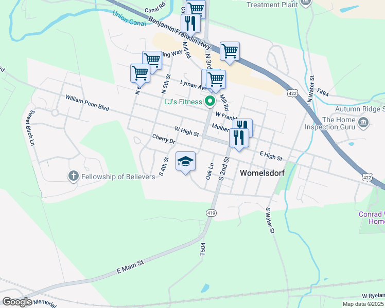 map of restaurants, bars, coffee shops, grocery stores, and more near 102 South 3rd Street in Womelsdorf