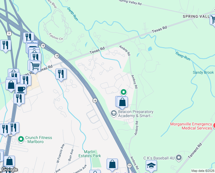 map of restaurants, bars, coffee shops, grocery stores, and more near 181 Nathan Drive in Marlboro Township