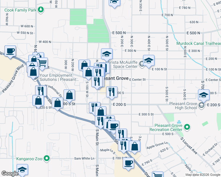 map of restaurants, bars, coffee shops, grocery stores, and more near 65 South 100 East in Pleasant Grove