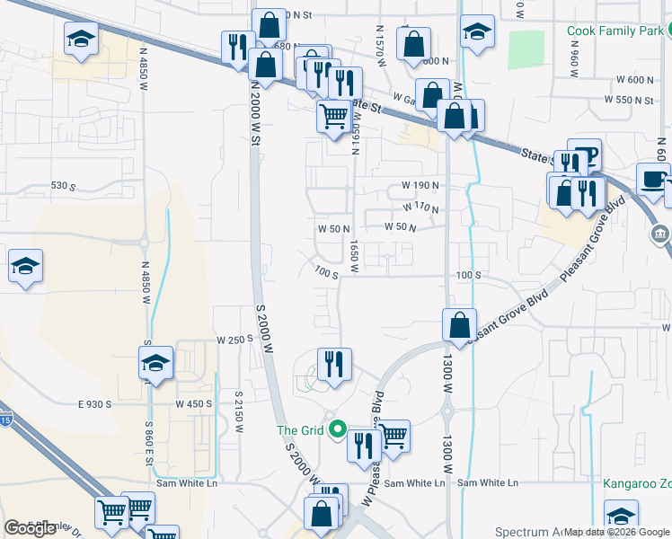 map of restaurants, bars, coffee shops, grocery stores, and more near 1709 100 South in Pleasant Grove