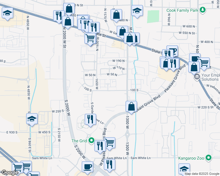 map of restaurants, bars, coffee shops, grocery stores, and more near 1523 West 80 South in Pleasant Grove