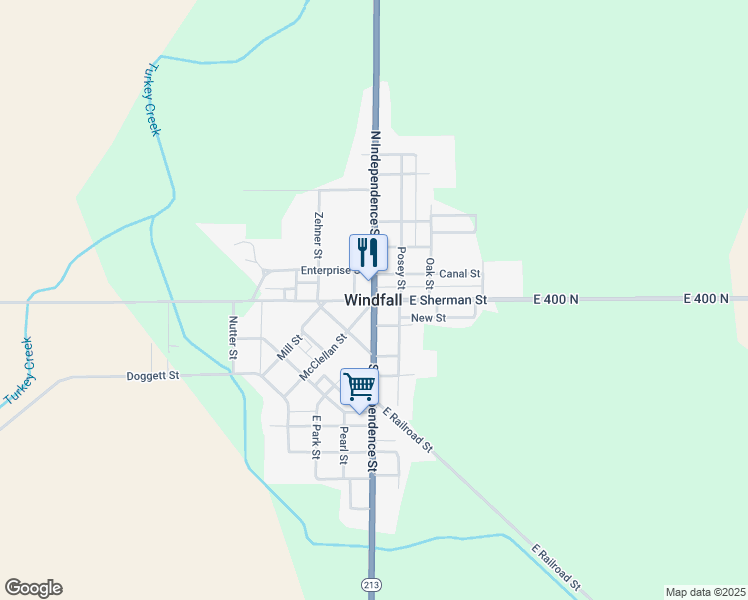 map of restaurants, bars, coffee shops, grocery stores, and more near in Windfall