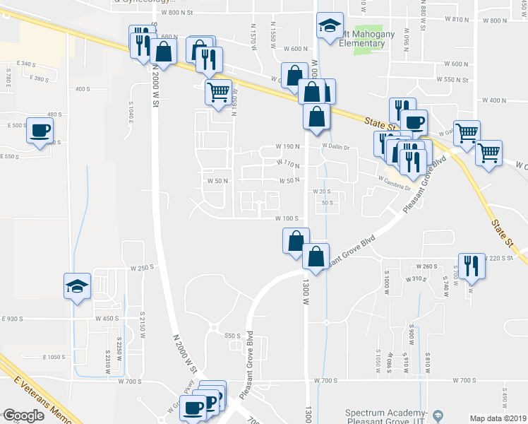 map of restaurants, bars, coffee shops, grocery stores, and more near 36 South 1460 West in Pleasant Grove