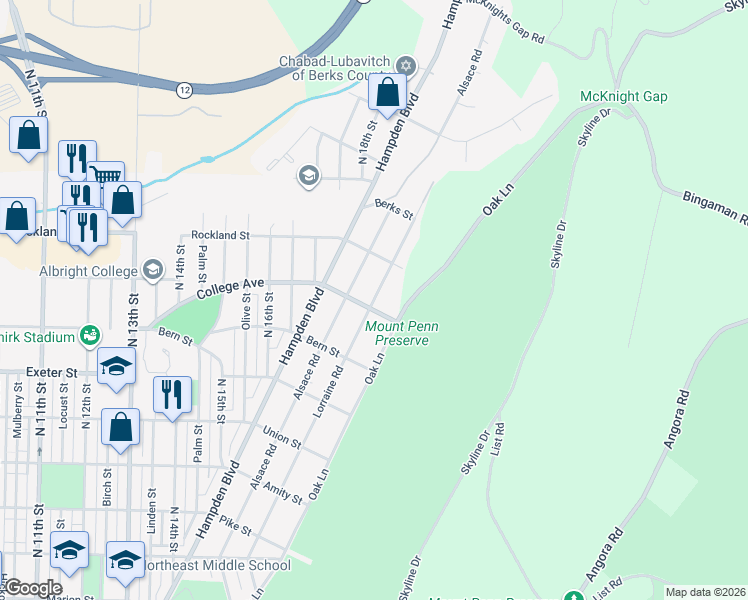 map of restaurants, bars, coffee shops, grocery stores, and more near 1916 Lorraine Road in Reading