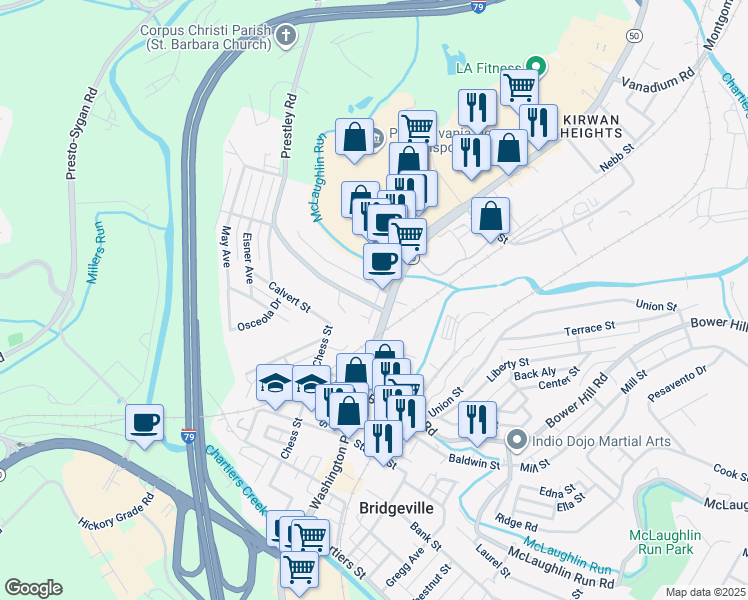 map of restaurants, bars, coffee shops, grocery stores, and more near 112 Washington Avenue in Bridgeville
