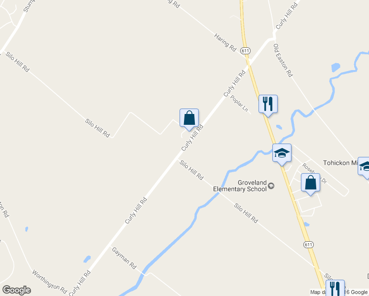 map of restaurants, bars, coffee shops, grocery stores, and more near 4145 Curly Hill Road in Doylestown