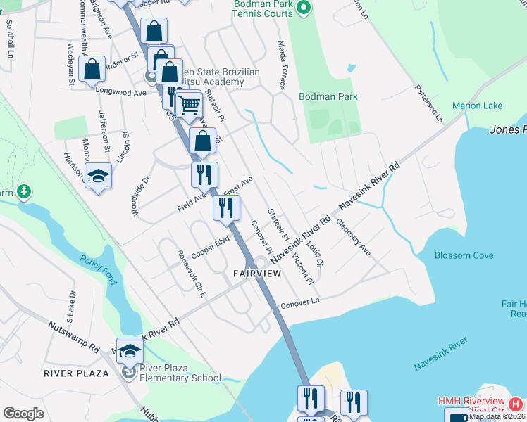 map of restaurants, bars, coffee shops, grocery stores, and more near 71 Statesir Place in Red Bank