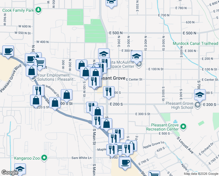 map of restaurants, bars, coffee shops, grocery stores, and more near 65 South 100 East in Pleasant Grove