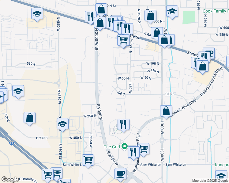 map of restaurants, bars, coffee shops, grocery stores, and more near 111 South 1800 West in Pleasant Grove