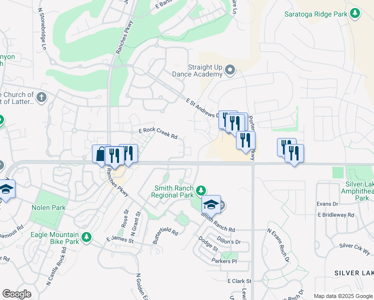 map of restaurants, bars, coffee shops, grocery stores, and more near 3862 Glacier Road in Eagle Mountain