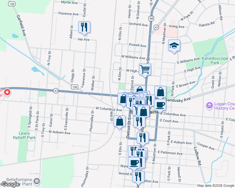 map of restaurants, bars, coffee shops, grocery stores, and more near 221 Oakland Square in Bellefontaine