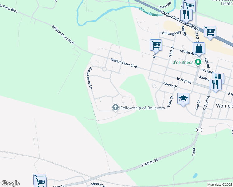 map of restaurants, bars, coffee shops, grocery stores, and more near 3 Apple Blossom Lane in Womelsdorf