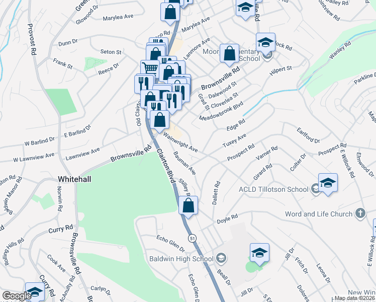 map of restaurants, bars, coffee shops, grocery stores, and more near 211 Wainwright Avenue in Pittsburgh