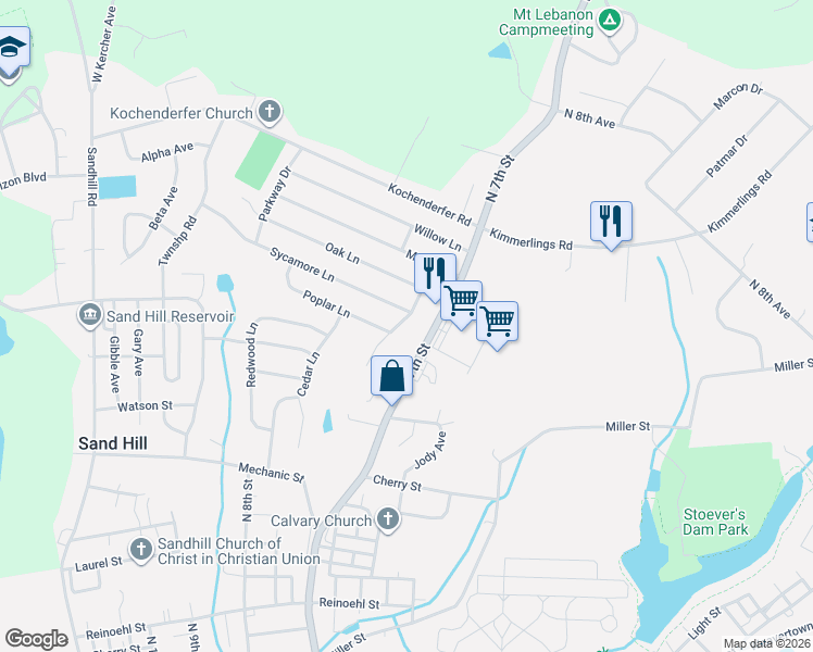 map of restaurants, bars, coffee shops, grocery stores, and more near 1621 Greenwood Drive in Lebanon