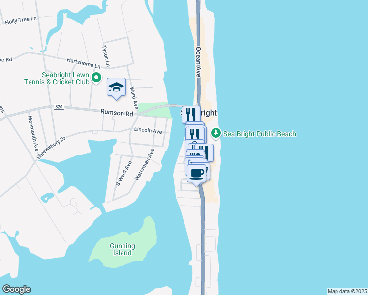 map of restaurants, bars, coffee shops, grocery stores, and more near 12 Badminton Court in Rumson