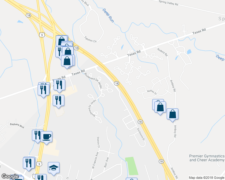 map of restaurants, bars, coffee shops, grocery stores, and more near 859 Mariposa Court in Marlboro Township