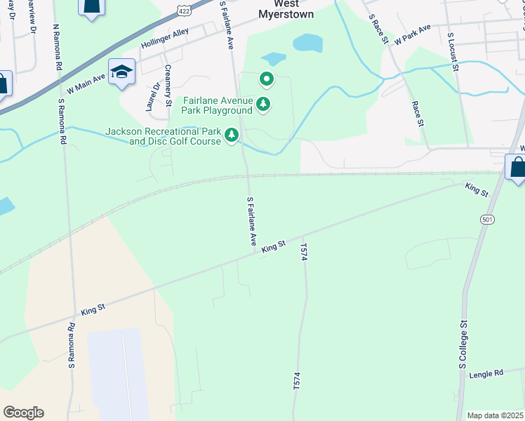 map of restaurants, bars, coffee shops, grocery stores, and more near 120 South Fairlane Avenue in Myerstown