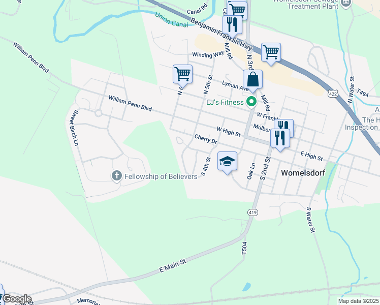 map of restaurants, bars, coffee shops, grocery stores, and more near 206 South 5th Street in Womelsdorf