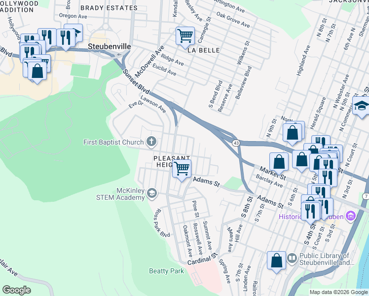 map of restaurants, bars, coffee shops, grocery stores, and more near 329 Maxwell Avenue in Steubenville