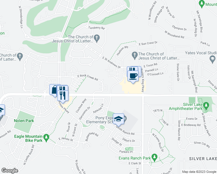 map of restaurants, bars, coffee shops, grocery stores, and more near 8064 Clearwater Road in Eagle Mountain