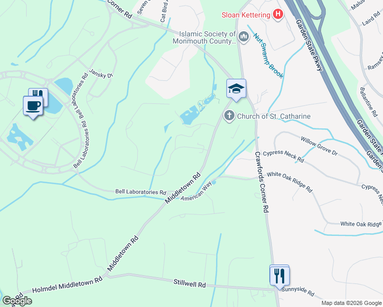 map of restaurants, bars, coffee shops, grocery stores, and more near 4 Barrister Drive in Holmdel