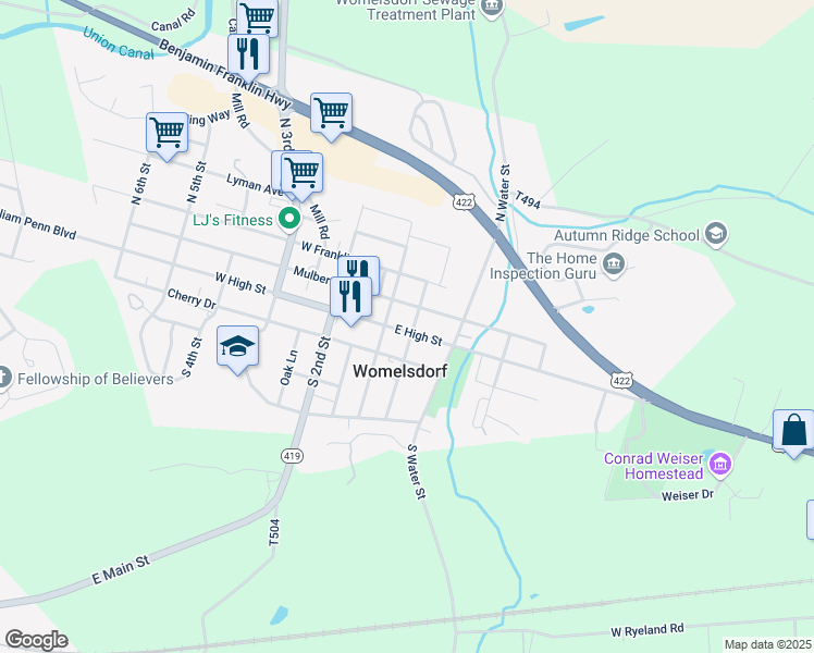 map of restaurants, bars, coffee shops, grocery stores, and more near 23 East High Street in Womelsdorf