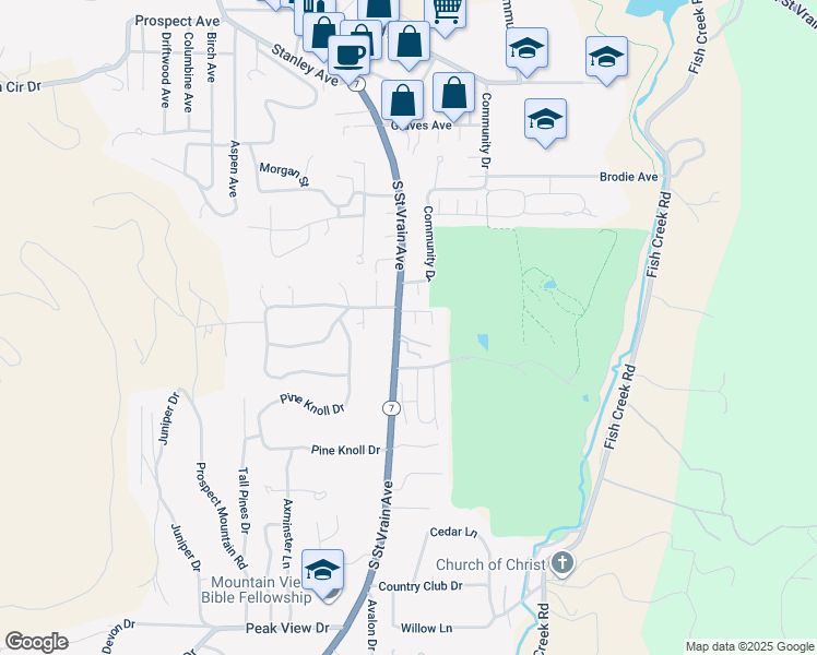 map of restaurants, bars, coffee shops, grocery stores, and more near 1006 South Saint Vrain Avenue in Estes Park