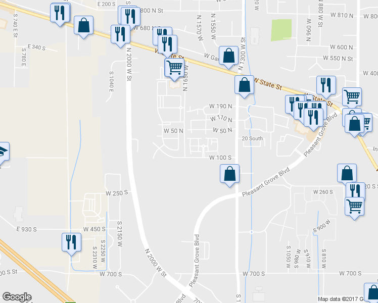 map of restaurants, bars, coffee shops, grocery stores, and more near 78 South 1630 West in Pleasant Grove