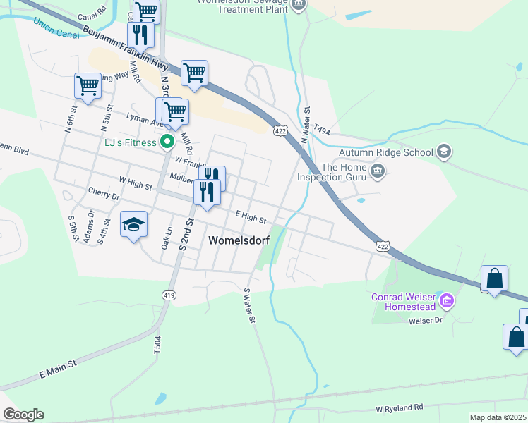 map of restaurants, bars, coffee shops, grocery stores, and more near 28 North Water Street in Womelsdorf