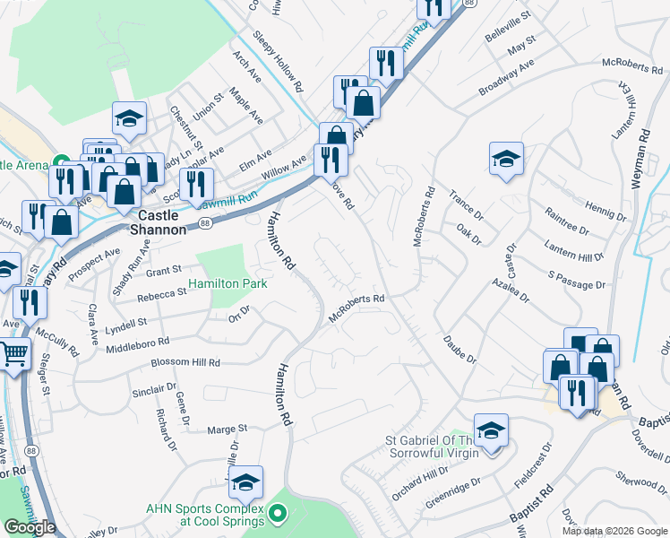 map of restaurants, bars, coffee shops, grocery stores, and more near 239 Castle Road in Pittsburgh