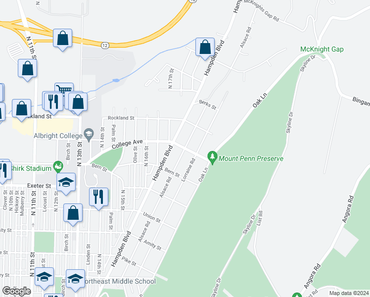 map of restaurants, bars, coffee shops, grocery stores, and more near 1801 Richmond Street in Reading