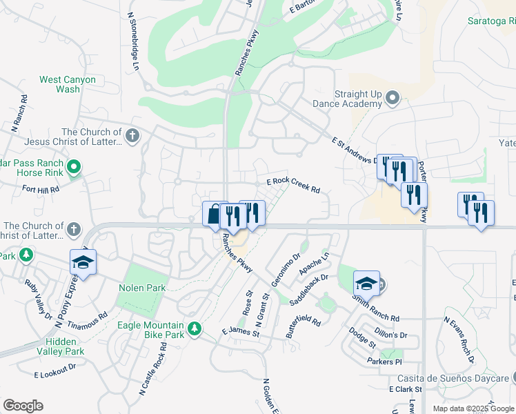 map of restaurants, bars, coffee shops, grocery stores, and more near 3607 East Sapphire Creek Lane in Eagle Mountain