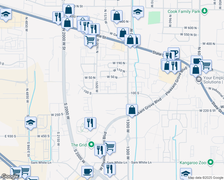 map of restaurants, bars, coffee shops, grocery stores, and more near 1467 West 80 South in Pleasant Grove