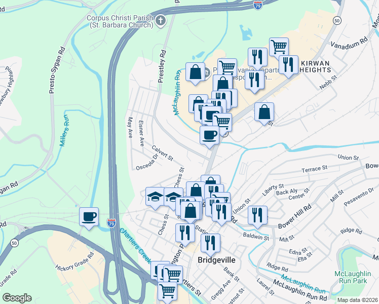 map of restaurants, bars, coffee shops, grocery stores, and more near 306 Saint Clair Street in Bridgeville